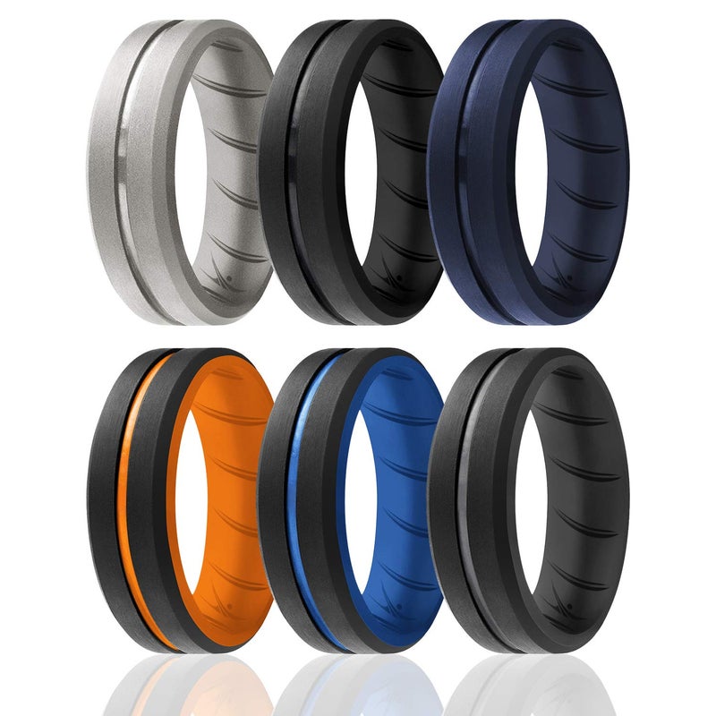 ROQ Silicone Rubber Wedding Ring for Men, Men's Wedding Band, Breathable Rubber Engagement Band, 8mm Wide 2mm Thick, Engraved Duo Middle Line, 6 Pack, Black, Silver, Grey, Dark Blue, Orange, Size 12 - Image 1